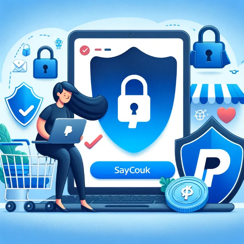 immagine che raffiguri un processo di pagamento sicuro con un logo PayPal ben visibile che indichi una transazione sicura. La scena dovrebbe includere