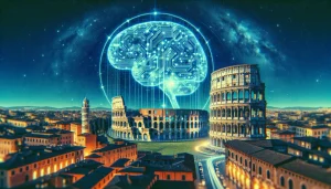 Illustrazione di un cervello sopra il colosseo romano che simboleggia l'arrivo dell'intelligenza artificale in italia