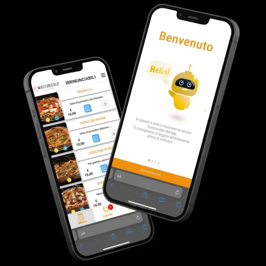 Due telefonche mostrano l'interfaccia di un app di self order creata da meet2web